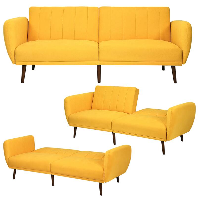 Costway Convertible Futon Sofa Bed Adjustable Couch Sleeper w/ Wood - 82.5'' x 34'' x 32'' (L x W x H)
