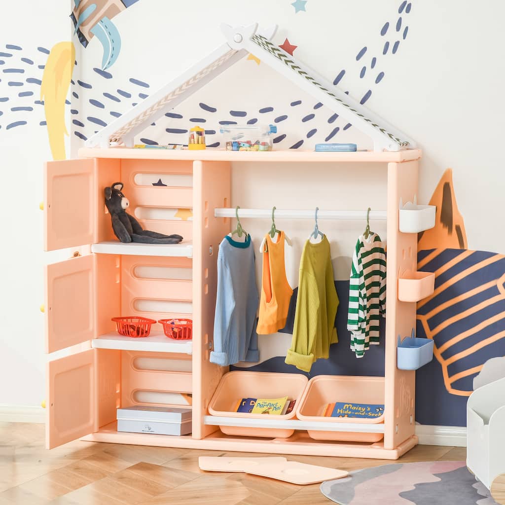 Qaba All-in-One Toy and Clothing Hanging Rack Closet for Kids Bedroom Storage, Kids Toy Storage Organizer - 50.5" x 13.5" x 61"