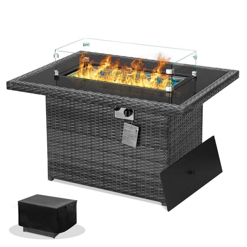43" Wicker Propane Fire Pit Table, 60,000 BTU, NG Convertible - Grey