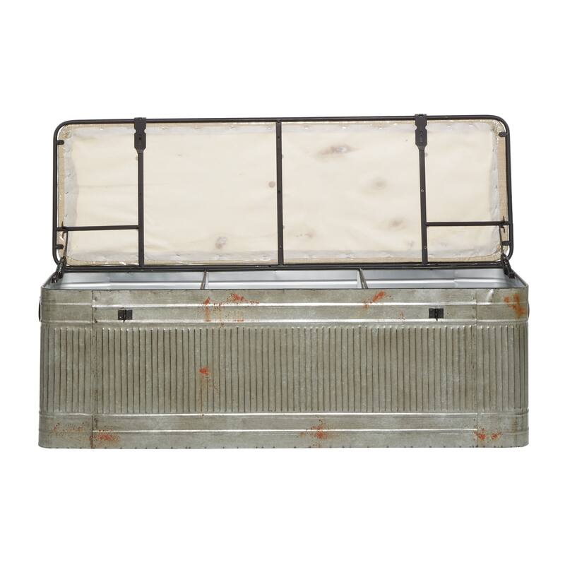 Gray Metal Galvanized Storage Bench with Cream Upholstered Burlap Top Seat - 2 Sizes