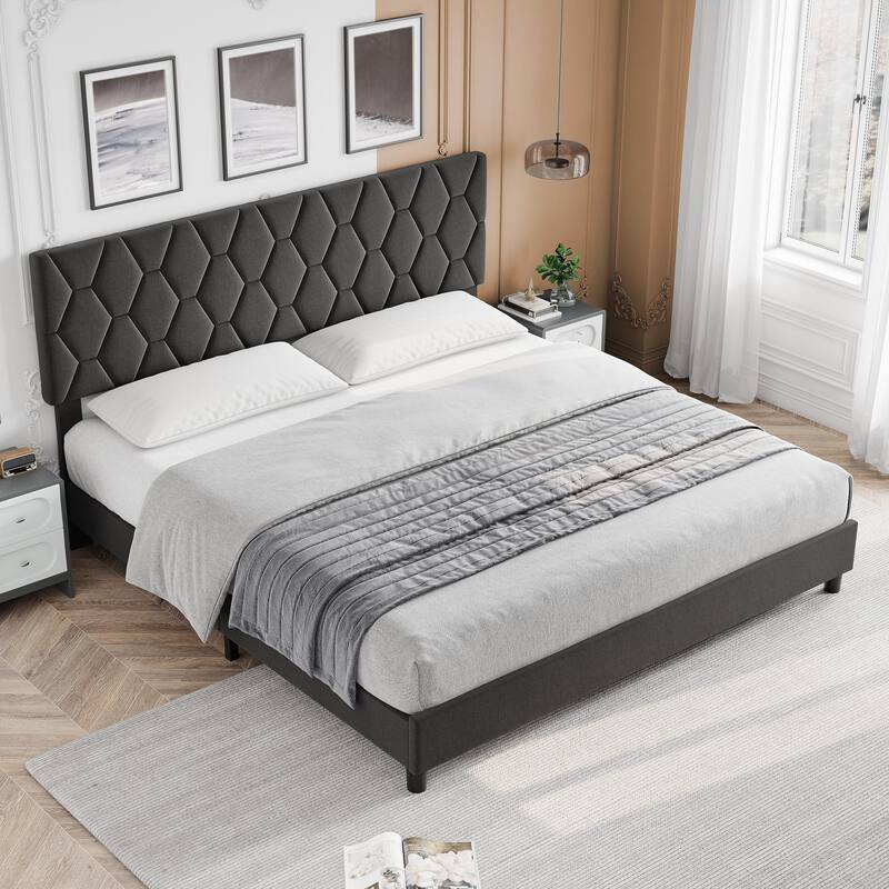 Diamond Upholstered Platform Bed Frame Wood Slat Support