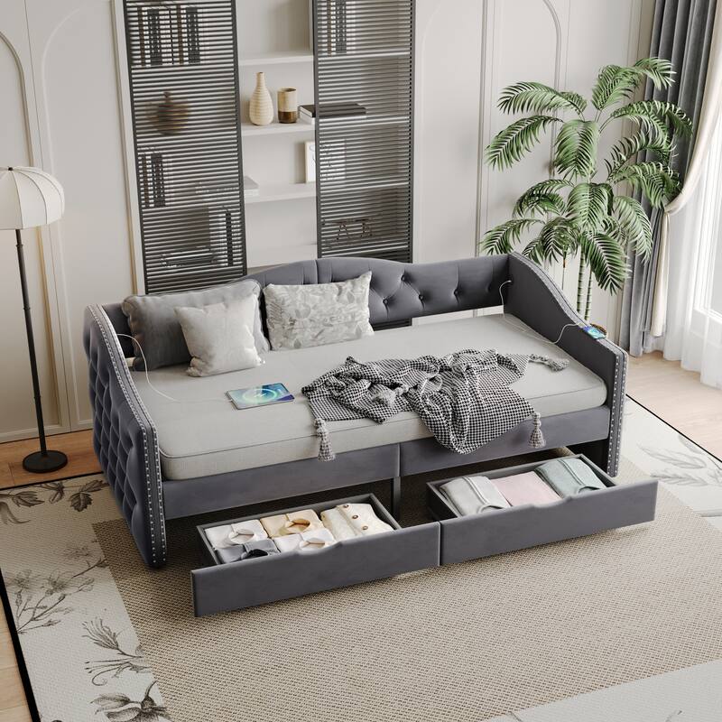 Full/Twin Upholstered Daybed with 2 Storage Drawers & USB Charging, Velvet Sofa Bed for Living Room & Bedroom