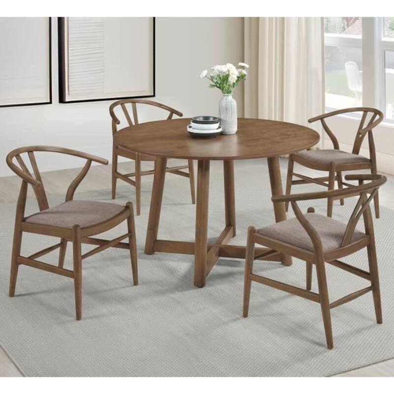 5 Piece Round Wooden Dining Set with Upholstered Chairs in Walnut
