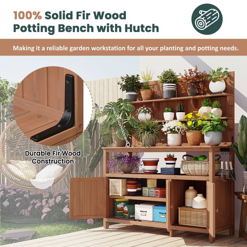 Roomfitters 50 Inch Solid Fir Wood Potting Bench with Hutch and Cabinets, Garden Workstation Table