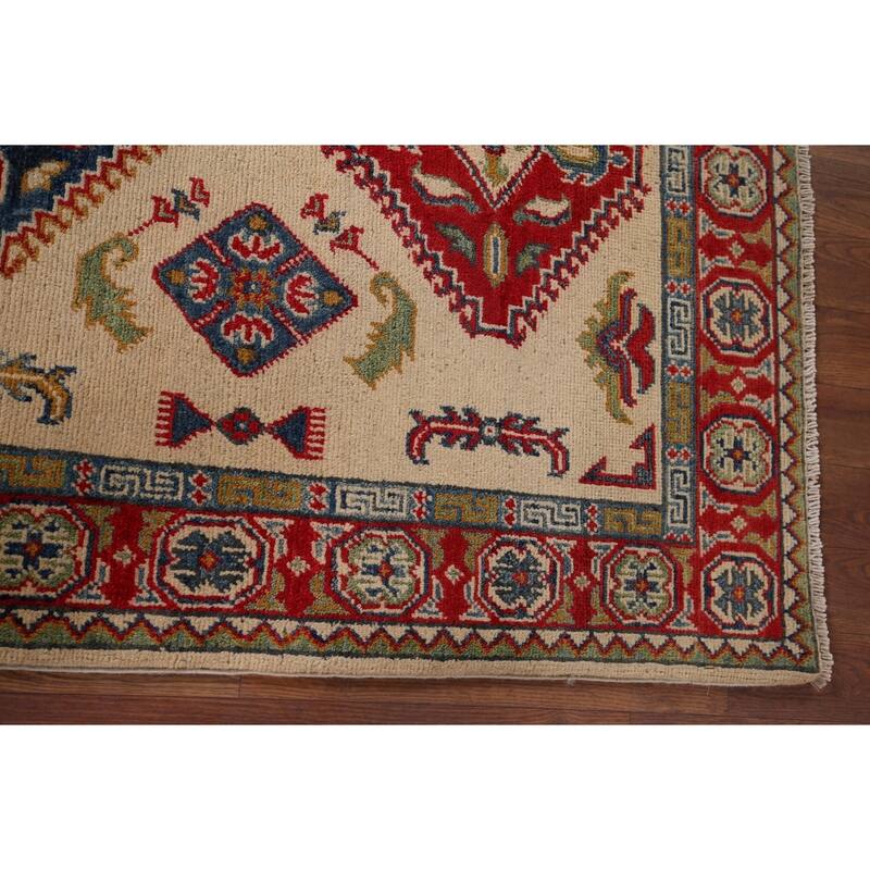 Geometric Kazak Accent Rug Hand-Knotted Beige Wool Carpet - 3'3" x 5'1"
