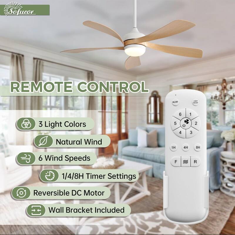 52 Inch Ceiling Fan with Remote & Lights Quiet DC Motor 5 Blade High CFM Modern Fan