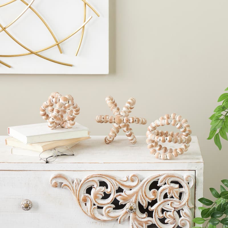 Wood Knot Handmade Beaded Sculpture with White Washed Distressing - Set of 3 Brown - Roche River Decor - 6"W x 7"L x 6"H