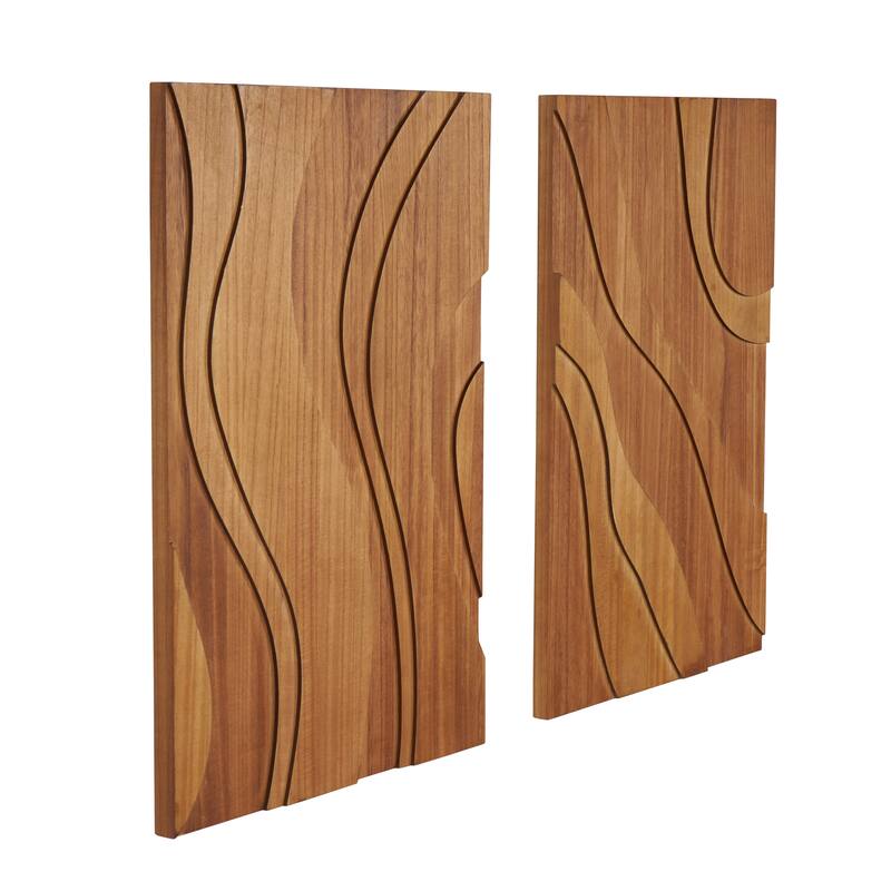 Brown Wooden Wavy Carved Abstract Home Wall Decor (Set of 2)