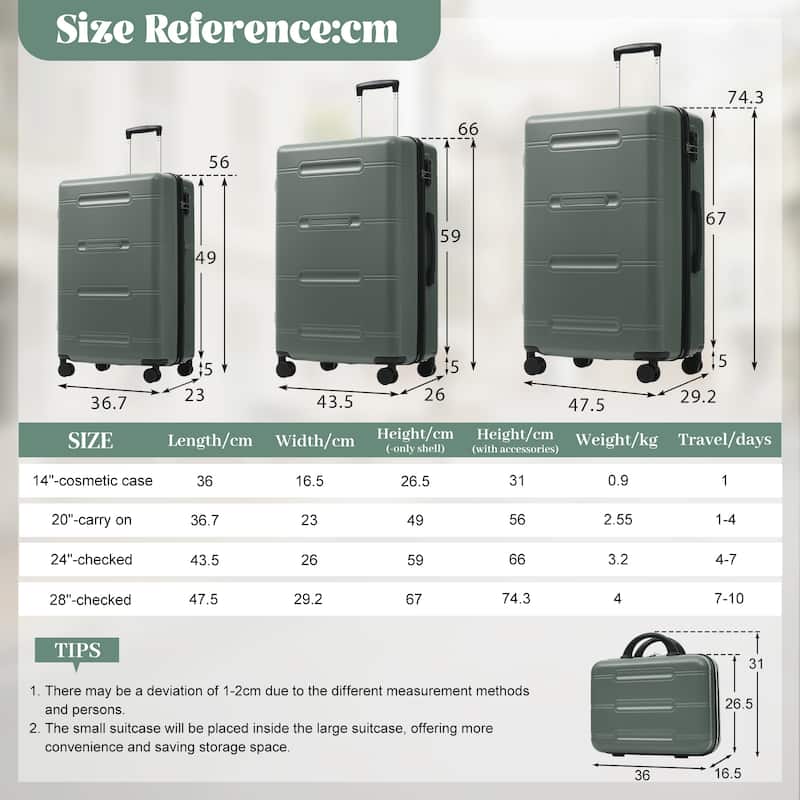 6 Piece Luggage Set, with Double Spinner Wheels Handle Password Lock, 14 IN Cosmetic Case 20/24/28 IN Luggages with Bag