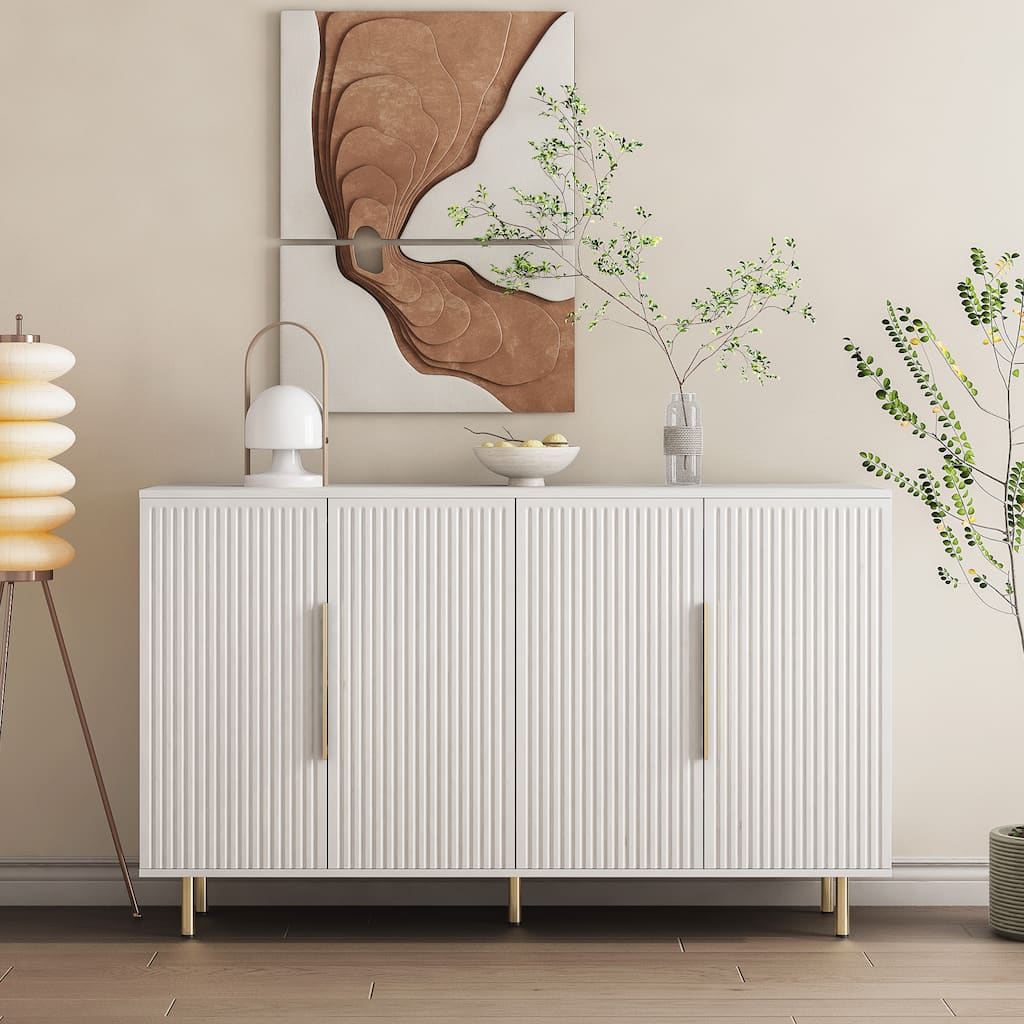 Stylish Multifunctional Sideboard with Unique Corrugated Panels, Metal Handles, and Spacious Storage Solutions