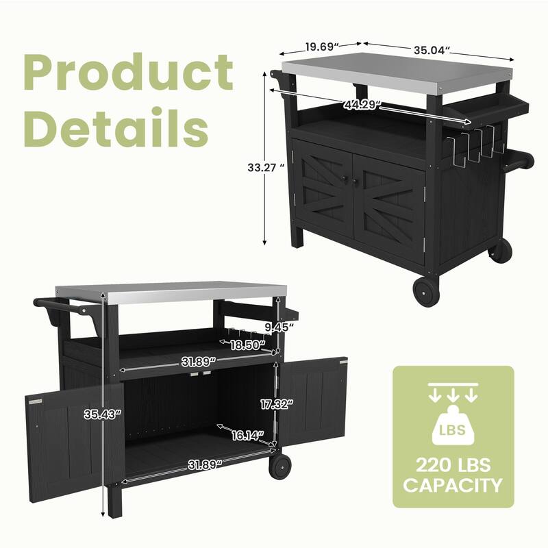 Outdoor Kitchen Cart with Stainless Steel Top, HDPE Patio Serving Cart with Storage