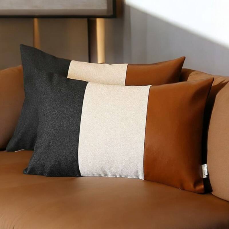 HomeRoots Set Of Two 20" X 12" Black Grey And Brown Polyester Geometric Zippered Pillow - Bed Rest - Polyester