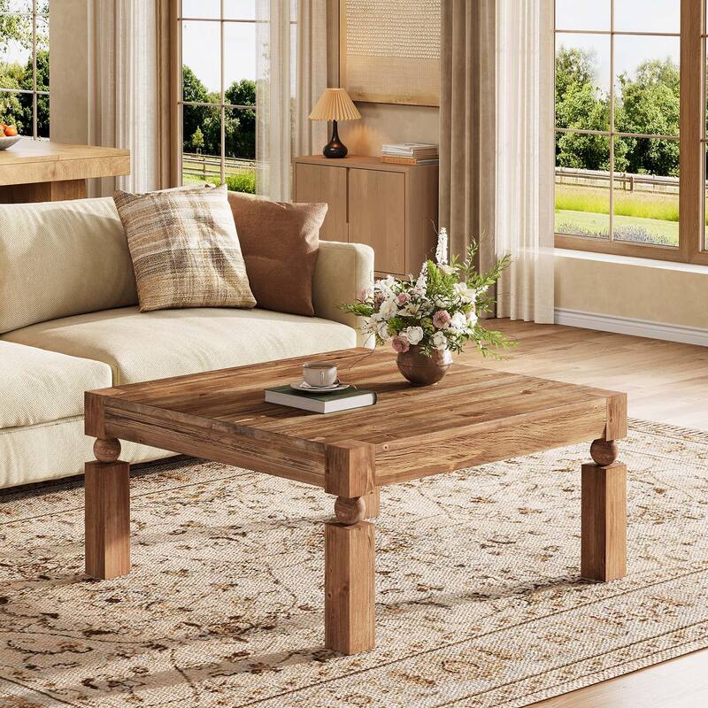 Square Solid Wood Coffee Table, Sturdy Legs Living Room Center Cocktail Accent Table
