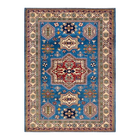 Tribal, One-of-a-Kind Hand-Knotted Area Rug - Light Blue, 5' 10" x 8' 0" - 6 X 9