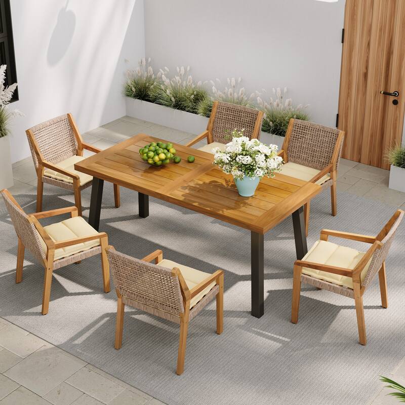 Christopher Knight Home- Elowen Acacia Wood Outdoor Dining Chair - 6 Piece+Teak+Brown+Gray