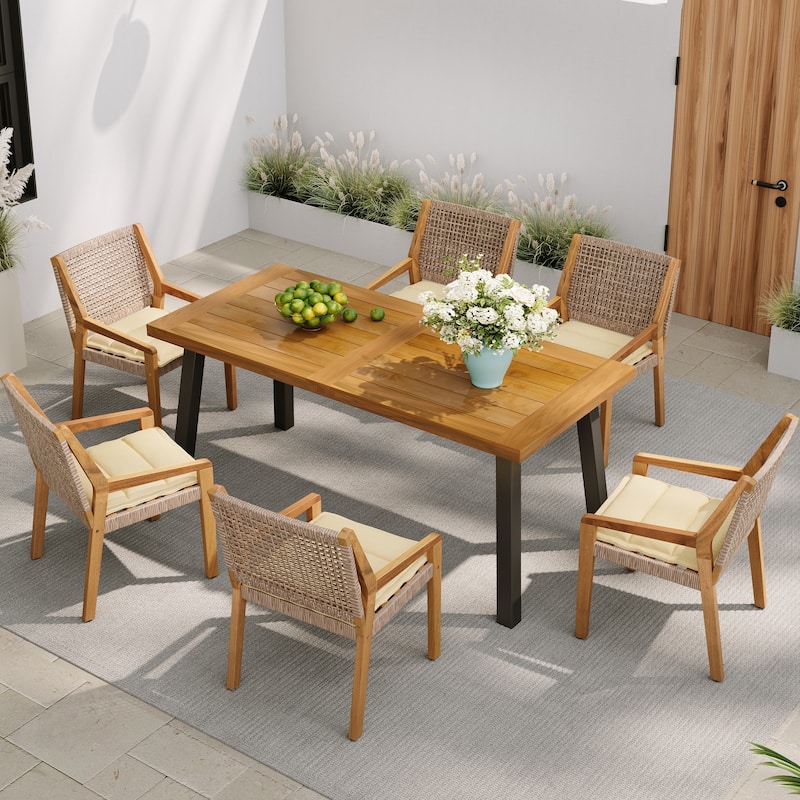 Christopher Knight Home- Orion Acacia Wood Patio Dining Set - 7 Piece+Teak+ Brown+ Gray