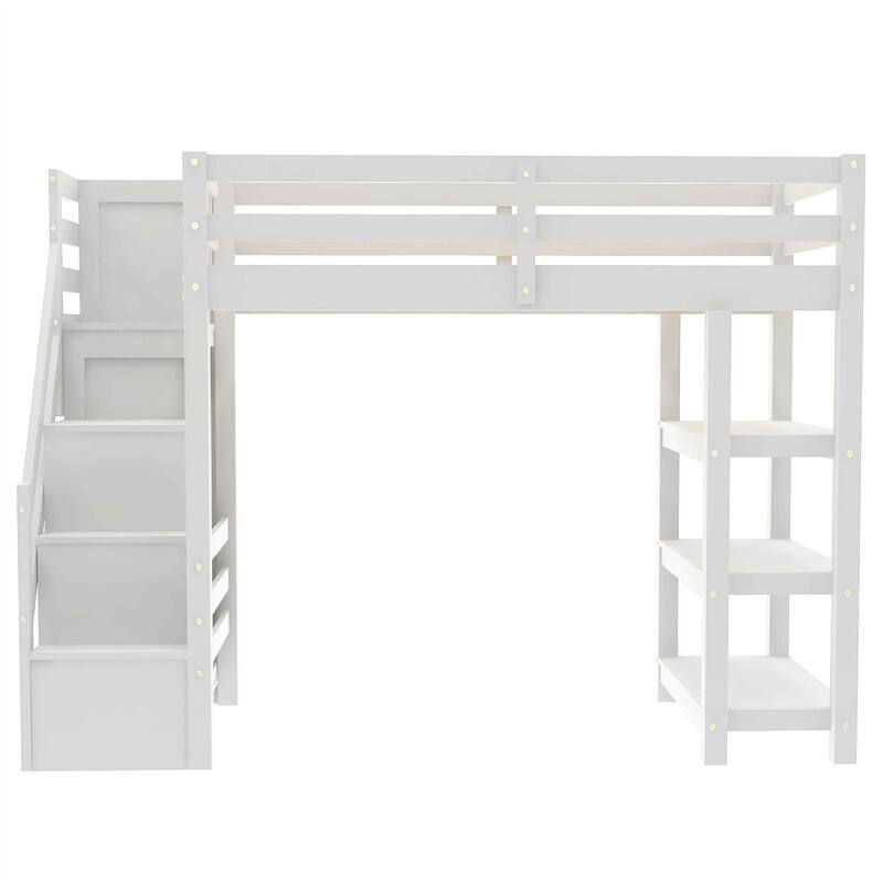 Twin/Full Size Loft Bed with Small Wardrobe and Storage Staircase, Solid Wood Loft Bedframe with LED Light and Storage Shelves