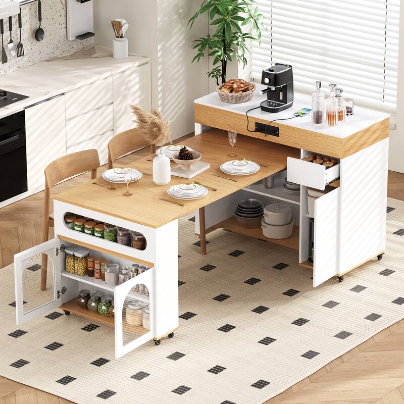Extendable Dining Table & Rolling Kitchen Island Combo with Folding Top, Drawers & Power Outlet - White