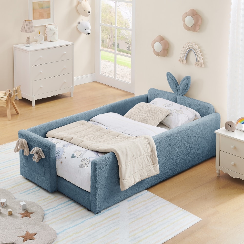 Twin Upholstered Platform Bed with Bunny Ear Headboard, Safety Rail & Pocket in Boucle Fabric
