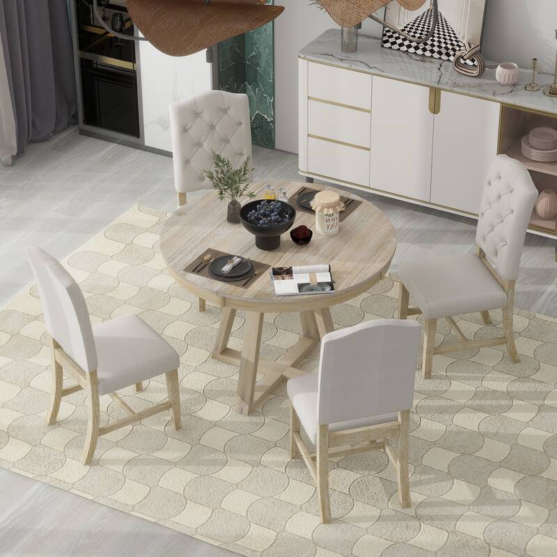 Nestfair 5-Piece Retro Functional Dining Set with 4 Upholstered Chairs - Natural