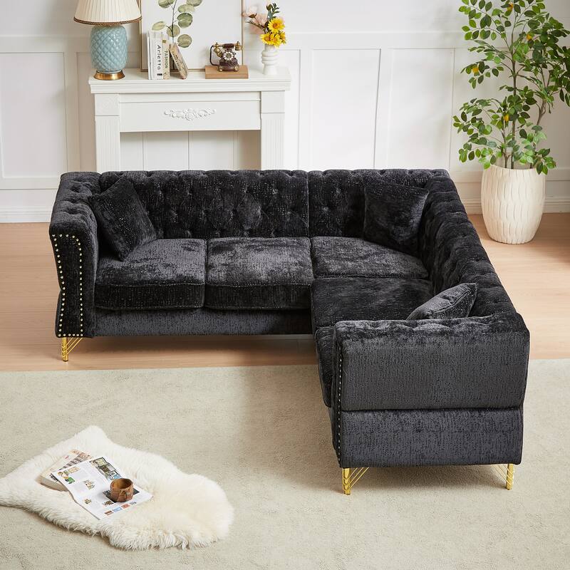 Black 81.5'' Chenille L-Shaped 5-Seat Sectional Sofa with 3 Cushions, Stylish Corner Couch for Living Room or Bedroom