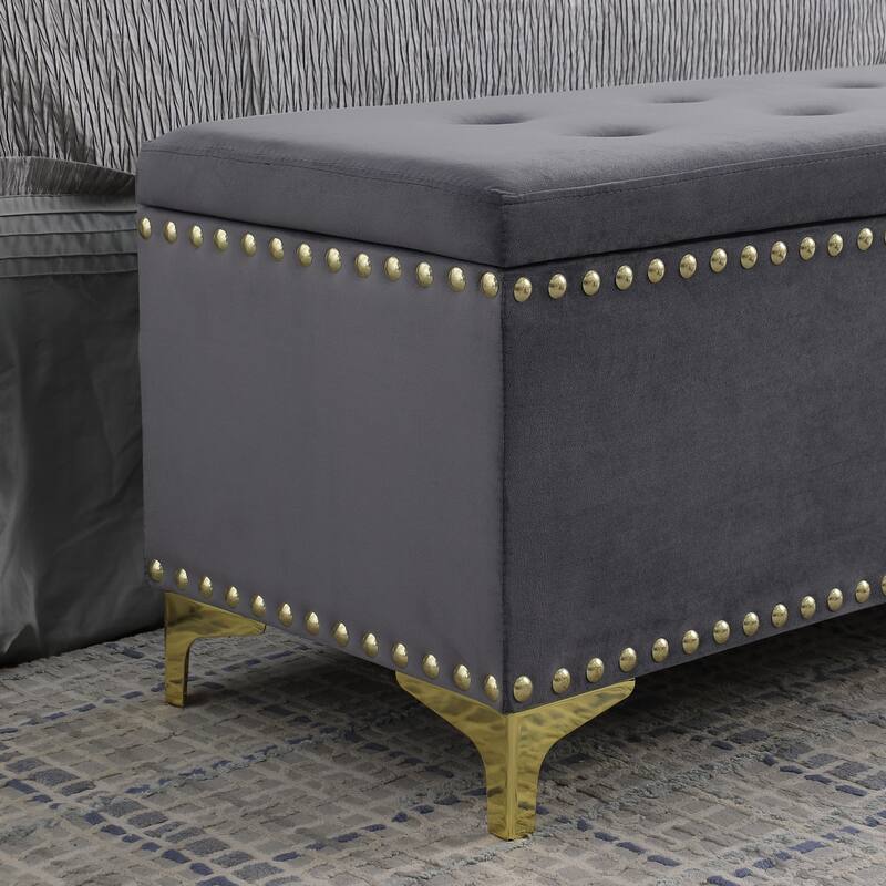 Grey Velvet Upholstered Storage Bench Bedroom End of Bed Bench with One Bench, Window Bench Ottoman Bench with Nail Trim
