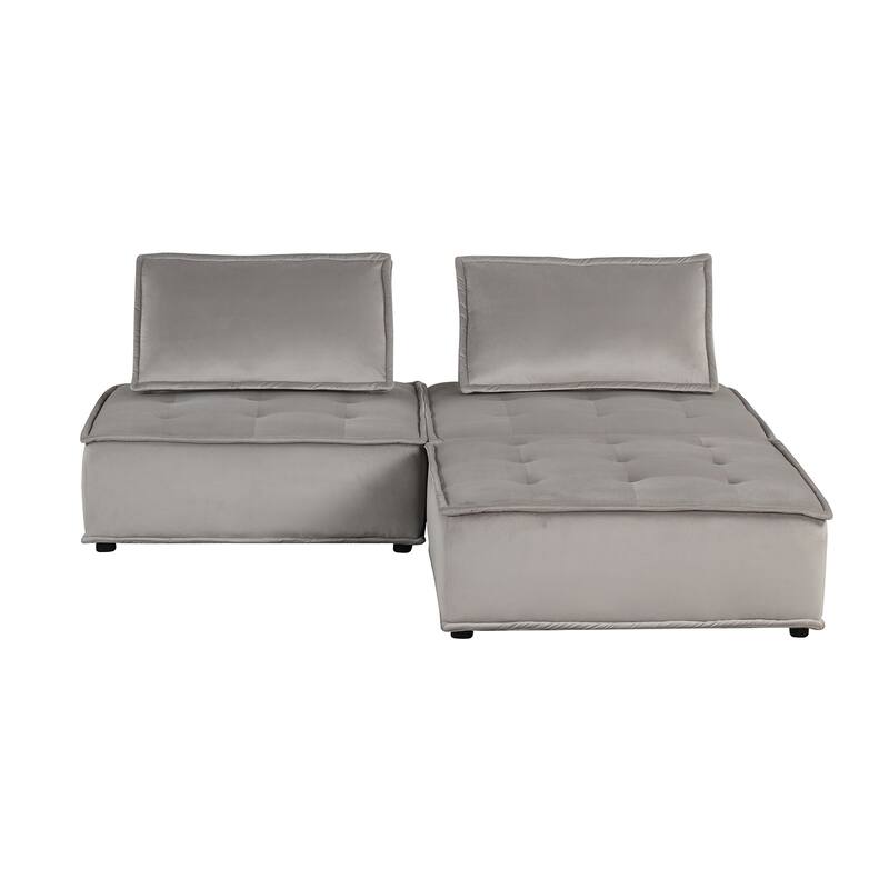 3 Piece Velvet Modular Sectional Sofa with Ottoman - Light Gray