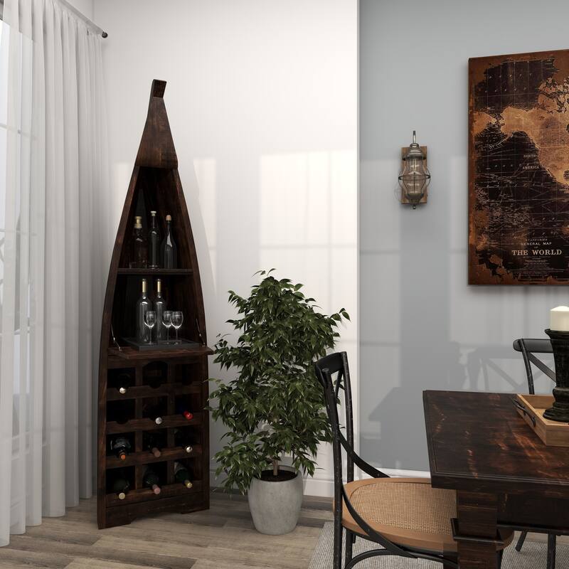 Brown Wood 12 Bottle and 2 Shelf Boat Standing Wine Rack with Foldable Tray