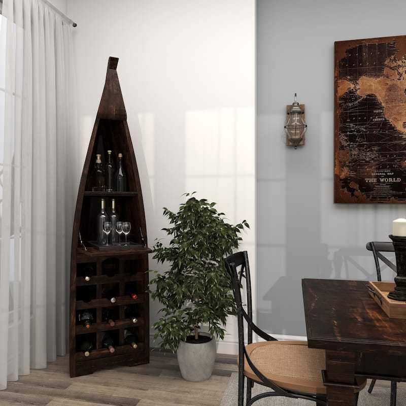 Wood Boat 12 Bottle 2 Shelf Standing Wine Rack with Foldable Tray - Brown - Roche River Decor