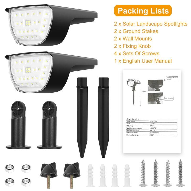 32 LEDs Solar Landscape Spotlights Auto On/Off Security Wall Lights