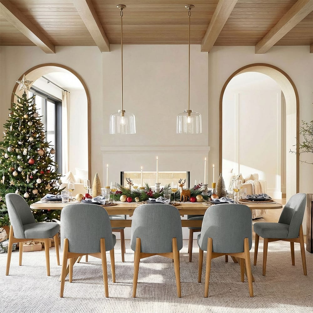 Linen Upholstered Dining Chairs With Solid Wood Legs (Set of 8)