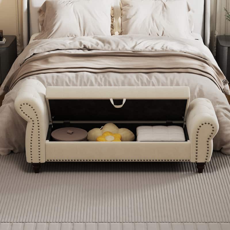 64.5" Bench for Bed Room Nails Tufted Chaise of Lounge with Storage Velvet Upholstery Khaki