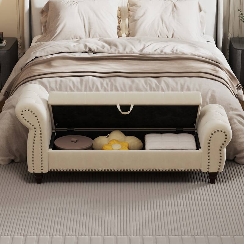 64.5" Storage Bench for Bedroom, Large Capacity Upholstered Ottoman, End of Bed Tufted Chaise Lounge with Rolled Arm