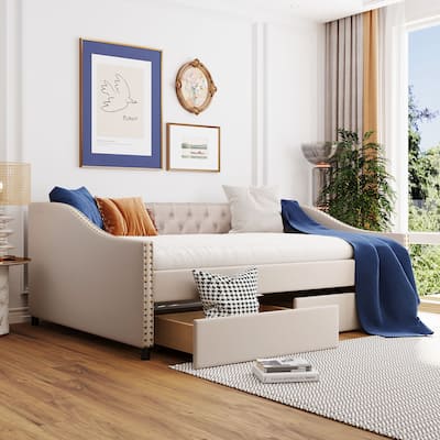 Full Size Platform Bed Linen Upholstered Bed Daybed with Diamond Tufted Backrest, Nailhead Trim Armrests and 2 Storage Drawers