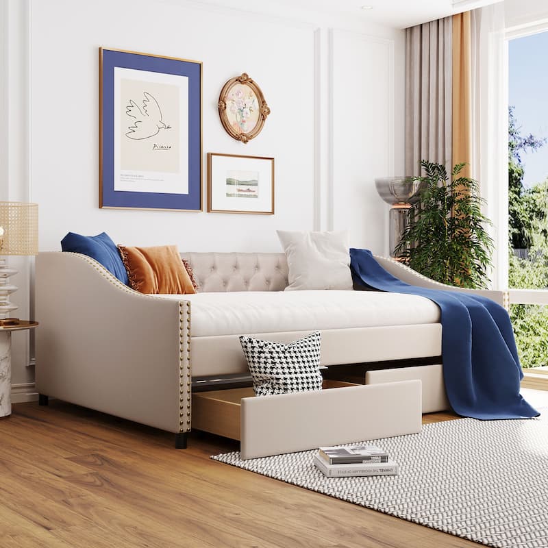 Full Size Upholstered Daybed with 2 Drawers, Wood Slat Support, Beige - Beige