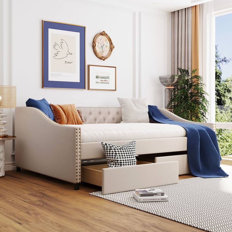 Full Size Upholstered Daybed with Two Drawers, Solid Wood Full Size Sofa Bed Frame with Button Tufted and Nailtrim on Arms - Beige