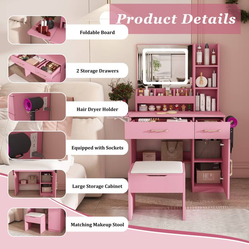 Vanity Desk with LED Mirror, Power Outlet, 3 Drawers, 7 Shelves and Storage Stool, Makeup Table for Women