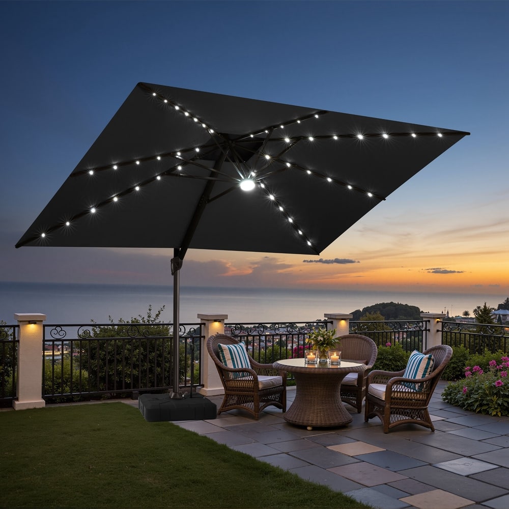 9 x11 FT Outdoor Double Top LED Lighted Patio Cantilever Umbrella with Weighted Base