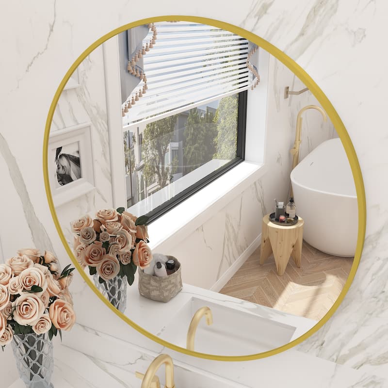KIOTEE Full Length Round Aluminum Alloy Framed French Cleat Mounted Wall Decor Bathroom Vanity Mirror with 5-Year Warranty - 24x24 - Gold