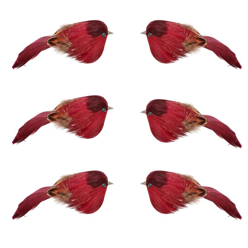 5" Feathered Red Bird with Metal Clip, Set of 6 - 5
