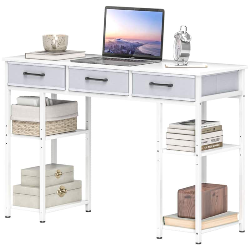 Steel Computer Desk with Drawers and Adjustable Shelves - White