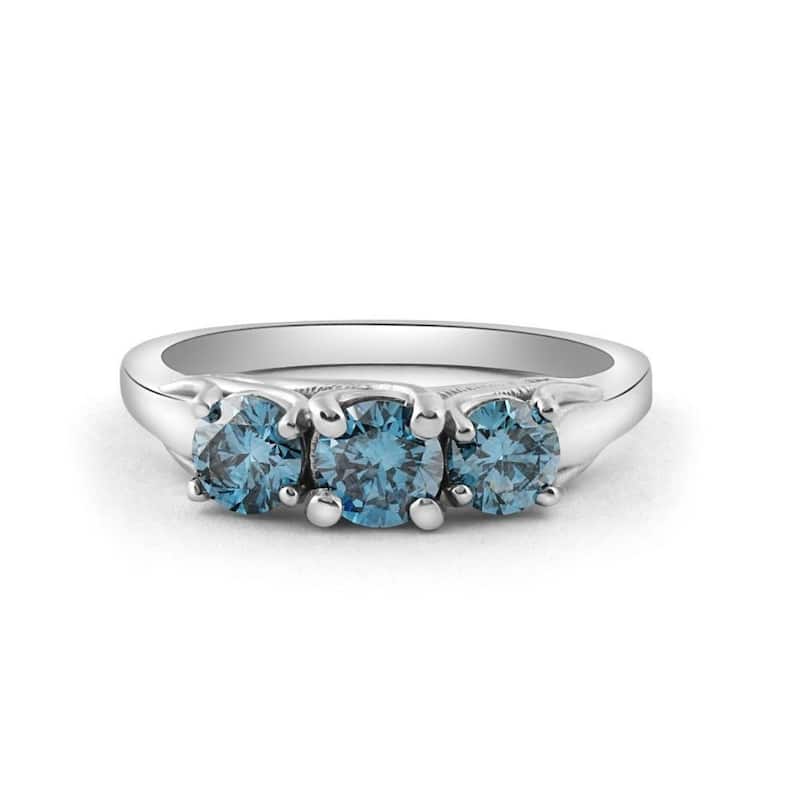 1 Ct Blue Diamond 3-Stone Engagement Anniversary Ring Lab Grown in White or Gold