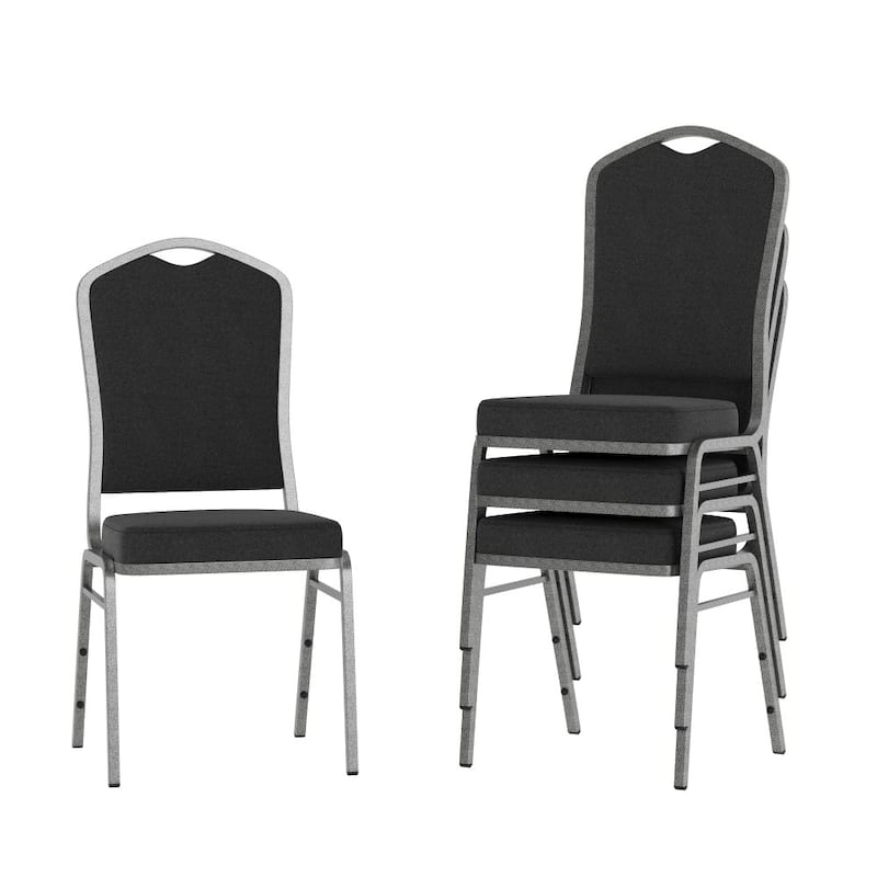 4 Pack Crown Back Stacking Banquet Chair - 20.25"D x 17.25"W x 38"H -  Black Fabric/Silver Vein Frame