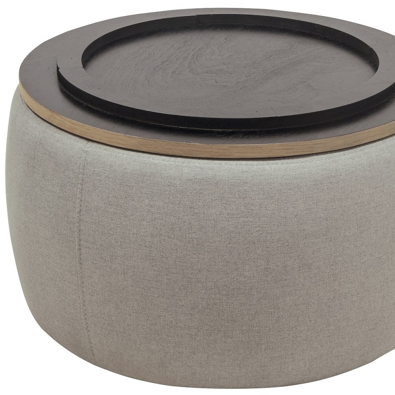 HomeRoots 26" Gray and Natural Fabric And Wood Reversible Tray Top Round Storage Ottoman