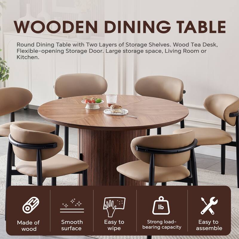 Round Dining Table with Two Layers of Storage Shelves. Wood Tea Desk, Flexible-opening Storage Door, Large Storage Space