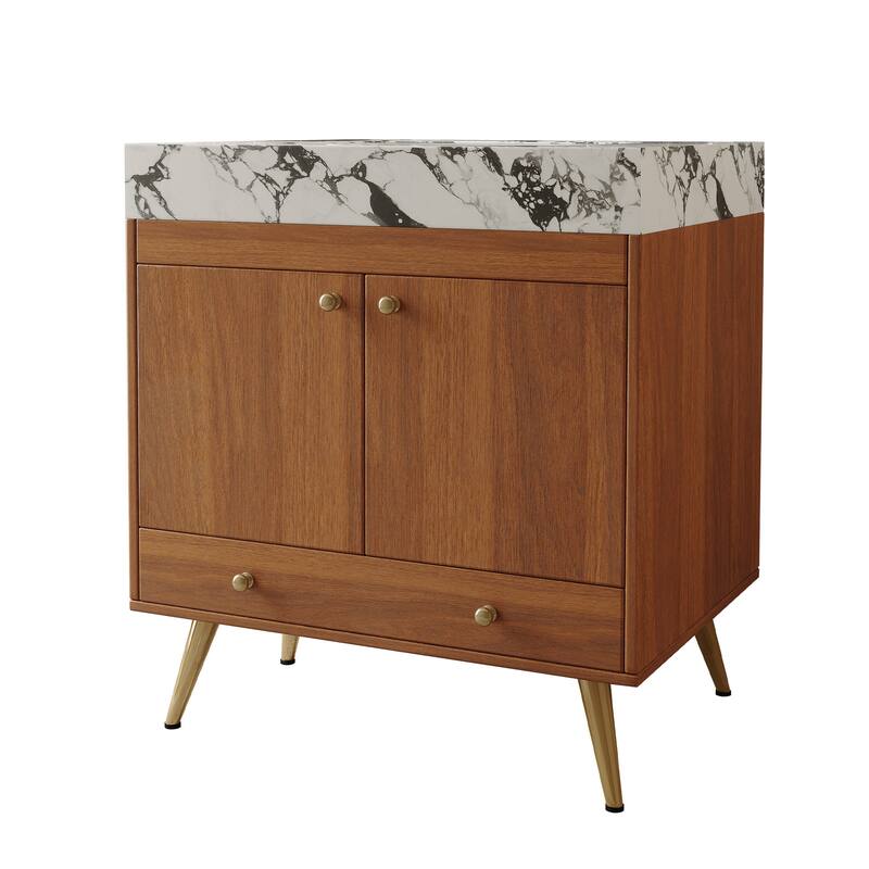 Mid-Century 30" Freestanding Bathroom Vanity with Faux Marble Top, Ceramic Sink & Gold Legs Cabinet