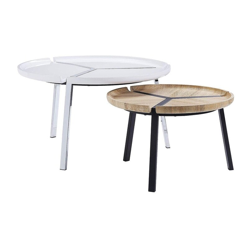 2 Piece Round Nesting Table with Metal Tripod Base, White and Brown - 18 H x 32 W x 32 L Inches