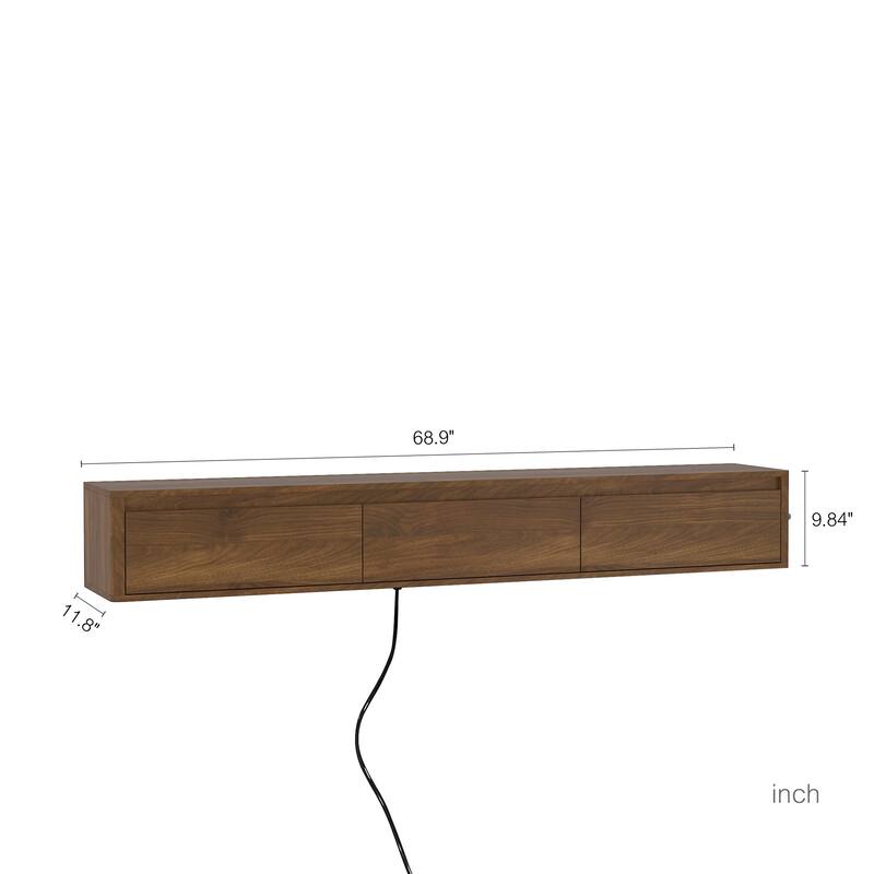 68.9" Floating TV Stand with LED Lights and Power Outlet, Wall Mounted High Gloss Media Console Shelf for Living Room