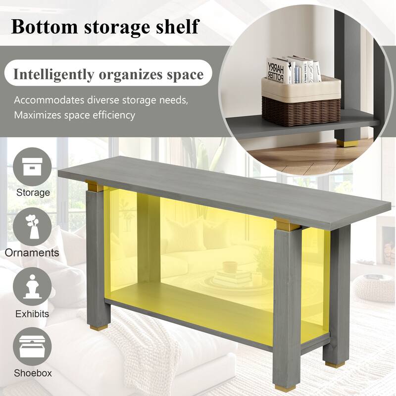 Modern Minimalist Console Table Sofa Table with Open Shelves and Geometric Metal Trim, for Living Room, Hallway, Gray
