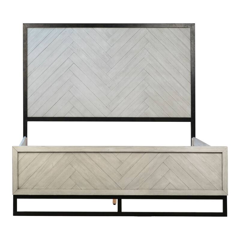 Vincent Light Wash Acacia and Black Iron Panel Bed with Herringbone Headboard
